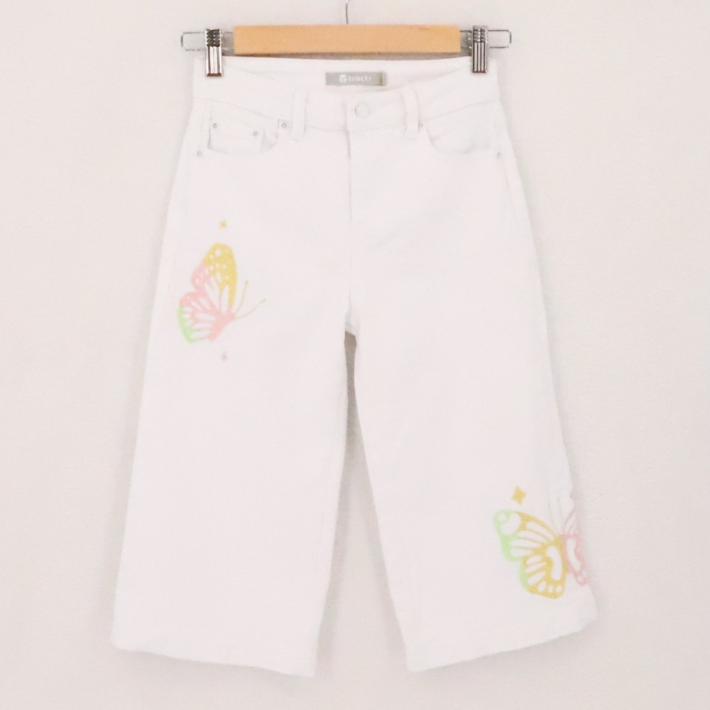 Tractr Butterfly Wide Leg Cropped Jeans Girls Size 10 White Denim Stretch Y2K